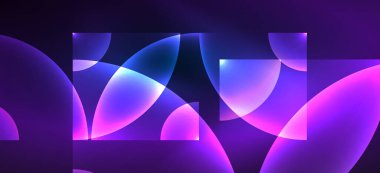 Parlak neon geometrik soyut arkaplan. Yuvarlak şekillerde, üçgenlerde ve dairelerde parlayan ışıklar. Yapay zeka teknolojisi, engelleme zinciri, iletişim için duvar kağıdı, 5G, bilim, iş