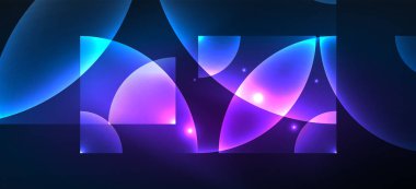 Parlak neon geometrik soyut arkaplan. Yuvarlak şekillerde, üçgenlerde ve dairelerde parlayan ışıklar. Yapay zeka teknolojisi, engelleme zinciri, iletişim için duvar kağıdı, 5G, bilim, iş