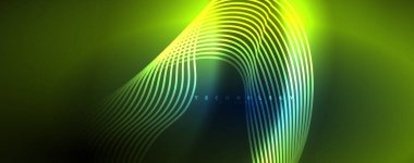 Parlak neon dalgalar, dinamik elektrik hareketi, enerji ya da hız kavramı. Duvar kağıdı, afiş, arkaplan, broşür, katalog, kapak, broşür