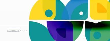 Renkli minimetrik geometrik soyut arkaplan. Yuvarlak elementlerle üçgen şekli, daireler. Duvar kağıdı, afiş, arkaplan veya iniş için moda tekno iş şablonu