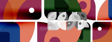 Renkli minimetrik geometrik soyut arkaplan. Yuvarlak elementlerle üçgen şekli, daireler. Duvar kağıdı, afiş, arkaplan veya iniş için moda tekno iş şablonu