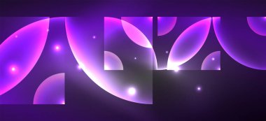 Parlak neon geometrik soyut arkaplan. Yuvarlak şekillerde, üçgenlerde ve dairelerde parlayan ışıklar. Yapay zeka teknolojisi, engelleme zinciri, iletişim için duvar kağıdı, 5G, bilim, iş