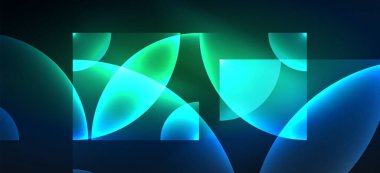 Parlak ışık efektli soyut bir arkaplan. Yuvarlak şekiller, üçgenler ve daireler. Yapay Zeka teknolojisi, engelleme zinciri, iletişim, 5G, bilim, iş ve teknoloji konsepti için duvar kağıdı