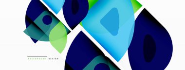 Renkli minimetrik geometrik soyut arkaplan. Yuvarlak elementlerle üçgen şekli, daireler. Duvar kağıdı, afiş, arkaplan veya iniş için moda tekno iş şablonu