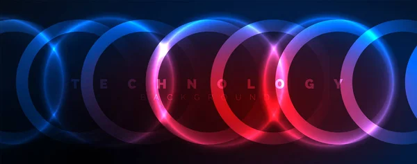 Latar Belakang Abstrak Lingkaran Neon Mengkilap Konsep Cahaya Ruang Energi - Stok Vektor