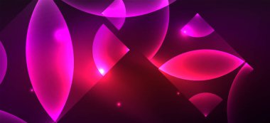 Parlak neon geometrik soyut arkaplan. Yuvarlak şekillerde, üçgenlerde ve dairelerde parlayan ışıklar. Yapay zeka teknolojisi, engelleme zinciri, iletişim için duvar kağıdı, 5G, bilim, iş