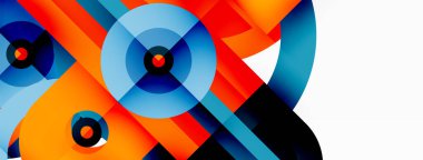 Yaratıcı geometrik duvar kağıdı. Asgari soyut arkaplan. Beyaz arkaplanda parlak renkli geometrik şekiller. Duvar kağıdı, afiş, arkaplan veya iniş için iş şablonu