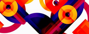 Yaratıcı geometrik duvar kağıdı. Asgari soyut arkaplan. Beyaz arkaplanda parlak renkli geometrik şekiller. Duvar kağıdı, afiş, arkaplan veya iniş için iş şablonu