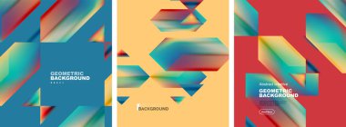 Soyut geometrik poster arka planlarının vektör kümesi, akışkan renklerde renkli şekiller. Kapaklar, şablonlar, el ilanları, pankartlar, broşürler, afişler koleksiyonu