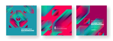 Soyut geometrik poster arka planlarının vektör kümesi, akışkan renklerde renkli şekiller. Kapaklar, şablonlar, el ilanları, pankartlar, broşürler, afişler koleksiyonu