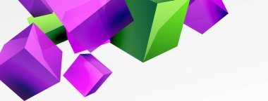 3d vektör soyut arkaplan. Uçan küp kompozisyonu. Duvar kağıdı, afiş, arkaplan veya iniş için moda tekno iş şablonu