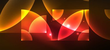 Parlak ışık efektli soyut bir arkaplan. Yuvarlak şekiller, üçgenler ve daireler. Yapay Zeka teknolojisi, engelleme zinciri, iletişim, 5G, bilim, iş ve teknoloji konsepti için duvar kağıdı