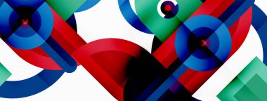 Yaratıcı geometrik duvar kağıdı. Asgari soyut arkaplan. Beyaz arkaplanda parlak renkli geometrik şekiller. Duvar kağıdı, afiş, arkaplan veya iniş için iş şablonu