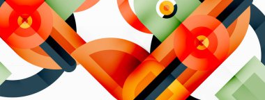 Yaratıcı geometrik duvar kağıdı. Asgari soyut arkaplan. Beyaz arkaplanda parlak renkli geometrik şekiller. Duvar kağıdı, afiş, arkaplan veya iniş için iş şablonu