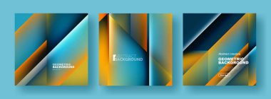 Soyut arkaplan seti - akışkan gradyan dizaynı ile örtüşen üçgenler. Kapaklar, şablonlar, el ilanları, pankartlar, broşürler, afişler koleksiyonu