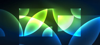 Parlak ışık efektli soyut bir arkaplan. Yuvarlak şekiller, üçgenler ve daireler. Yapay Zeka teknolojisi, engelleme zinciri, iletişim, 5G, bilim, iş ve teknoloji konsepti için duvar kağıdı