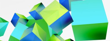 3d vektör soyut arkaplan. Uçan küp kompozisyonu. Duvar kağıdı, afiş, arkaplan veya iniş için moda tekno iş şablonu