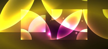 Parlak ışık efektli soyut bir arkaplan. Yuvarlak şekiller, üçgenler ve daireler. Yapay Zeka teknolojisi, engelleme zinciri, iletişim, 5G, bilim, iş ve teknoloji konsepti için duvar kağıdı