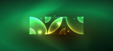 Parlak ışık efektli soyut bir arkaplan. Yuvarlak şekiller, üçgenler ve daireler. Yapay Zeka teknolojisi, engelleme zinciri, iletişim, 5G, bilim, iş ve teknoloji konsepti için duvar kağıdı