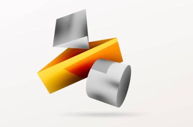 Metalik 3d şekil vektör geometrik arkaplan. Duvar kağıdı, afiş, arkaplan veya iniş için moda tekno iş şablonu