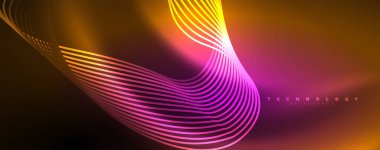 Parlak neon dalgalar, dinamik elektrik hareketi, enerji ya da hız kavramı. Duvar kağıdı, afiş, arkaplan, broşür, katalog, kapak, broşür