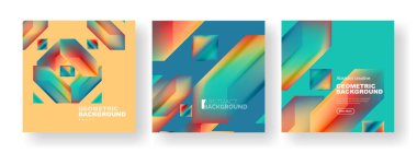 Soyut geometrik poster arka planlarının vektör kümesi, akışkan renklerde renkli şekiller. Kapaklar, şablonlar, el ilanları, pankartlar, broşürler, afişler koleksiyonu