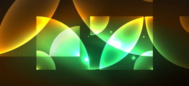 Parlak ışık efektli soyut bir arkaplan. Yuvarlak şekiller, üçgenler ve daireler. Yapay Zeka teknolojisi, engelleme zinciri, iletişim, 5G, bilim, iş ve teknoloji konsepti için duvar kağıdı