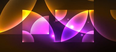 Parlak ışık efektli soyut bir arkaplan. Yuvarlak şekiller, üçgenler ve daireler. Yapay Zeka teknolojisi, engelleme zinciri, iletişim, 5G, bilim, iş ve teknoloji konsepti için duvar kağıdı