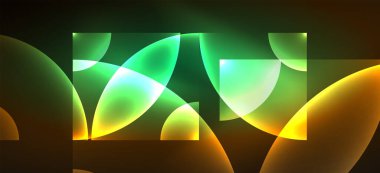 Parlak ışık efektli soyut bir arkaplan. Yuvarlak şekiller, üçgenler ve daireler. Yapay Zeka teknolojisi, engelleme zinciri, iletişim, 5G, bilim, iş ve teknoloji konsepti için duvar kağıdı