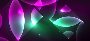 Parlak neon geometrik soyut arkaplan. Yuvarlak şekillerde, üçgenlerde ve dairelerde parlayan ışıklar. Yapay zeka teknolojisi, engelleme zinciri, iletişim için duvar kağıdı, 5G, bilim, iş