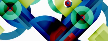 Yaratıcı geometrik duvar kağıdı. Asgari soyut arkaplan. Beyaz arkaplanda parlak renkli geometrik şekiller. Duvar kağıdı, afiş, arkaplan veya iniş için iş şablonu