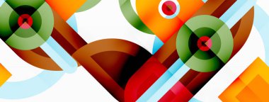 Yaratıcı geometrik duvar kağıdı. Asgari soyut arkaplan. Beyaz arkaplanda parlak renkli geometrik şekiller. Duvar kağıdı, afiş, arkaplan veya iniş için iş şablonu