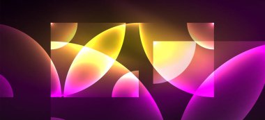 Parlak ışık efektli soyut bir arkaplan. Yuvarlak şekiller, üçgenler ve daireler. Yapay Zeka teknolojisi, engelleme zinciri, iletişim, 5G, bilim, iş ve teknoloji konsepti için duvar kağıdı