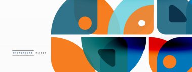 Renkli minimetrik geometrik soyut arkaplan. Yuvarlak elementlerle üçgen şekli, daireler. Duvar kağıdı, afiş, arkaplan veya iniş için moda tekno iş şablonu