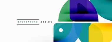 Renkli minimetrik geometrik soyut arkaplan. Yuvarlak elementlerle üçgen şekli, daireler. Duvar kağıdı, afiş, arkaplan veya iniş için moda tekno iş şablonu