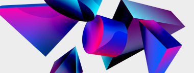 3d vektör minimalist geometrik soyut arkaplan. Üçgen, silindir, piramit temel şekil bileşimi. Duvar kağıdı, afiş, arkaplan veya iniş için moda tekno iş şablonu