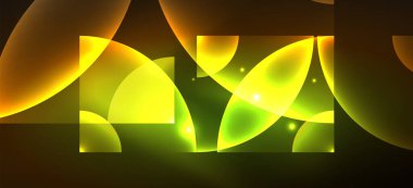 Parlak ışık efektli soyut bir arkaplan. Yuvarlak şekiller, üçgenler ve daireler. Yapay Zeka teknolojisi, engelleme zinciri, iletişim, 5G, bilim, iş ve teknoloji konsepti için duvar kağıdı