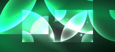 Parlak ışık efektli soyut bir arkaplan. Yuvarlak şekiller, üçgenler ve daireler. Yapay Zeka teknolojisi, engelleme zinciri, iletişim, 5G, bilim, iş ve teknoloji konsepti için duvar kağıdı