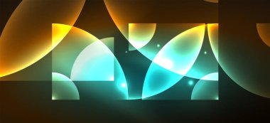 Parlak ışık efektli soyut bir arkaplan. Yuvarlak şekiller, üçgenler ve daireler. Yapay Zeka teknolojisi, engelleme zinciri, iletişim, 5G, bilim, iş ve teknoloji konsepti için duvar kağıdı