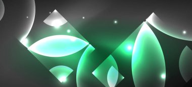 Parlak ışık efektli soyut bir arkaplan. Yuvarlak şekiller, üçgenler ve daireler. Yapay Zeka teknolojisi, engelleme zinciri, iletişim, 5G, bilim, iş ve teknoloji konsepti için duvar kağıdı