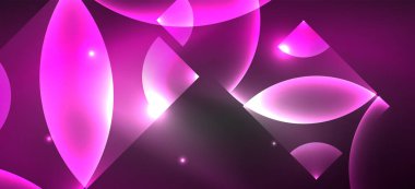 Parlak neon geometrik soyut arkaplan. Yuvarlak şekillerde, üçgenlerde ve dairelerde parlayan ışıklar. Yapay zeka teknolojisi, engelleme zinciri, iletişim için duvar kağıdı, 5G, bilim, iş