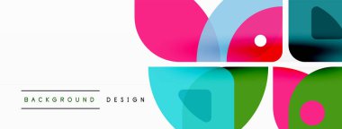 Renkli minimetrik geometrik soyut arkaplan. Yuvarlak elementlerle üçgen şekli, daireler. Duvar kağıdı, afiş, arkaplan veya iniş için moda tekno iş şablonu