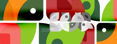 Renkli minimetrik geometrik soyut arkaplan. Yuvarlak elementlerle üçgen şekli, daireler. Duvar kağıdı, afiş, arkaplan veya iniş için moda tekno iş şablonu