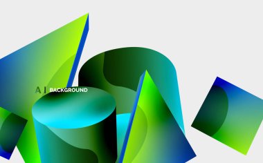 3d vektör minimalist geometrik soyut arkaplan. Üçgen, silindir, piramit temel şekil bileşimi. Duvar kağıdı, afiş, arkaplan veya iniş için moda tekno iş şablonu