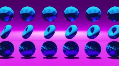 Animation wallpaper - rotating glossy ball, torus and sphere. Futuristic scene with 3d geometric form background. Motion graphics seamless looping video