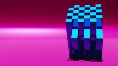 Animation wallpaper - rotating glossy cube with square elements. Futuristic scene with 3d geometric form background. Motion graphics seamless looping video
