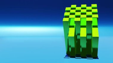 Animation wallpaper - rotating glossy cube with square elements. Futuristic scene with 3d geometric form background. Motion graphics seamless looping video