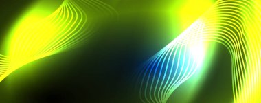 Parlak neon dalgalar, dinamik elektrik hareketi, enerji ya da hız kavramı. Duvar kağıdı, afiş, arkaplan, broşür, katalog, kapak, broşür