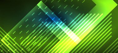 Arkaplanda parlak çizgiler ve geometrik şekiller var. Yapay zeka teknolojisi, engelleme zinciri, dijital, iletişim, 5G, bilim konsepti için karanlık duvar kağıdındaki ışıklar