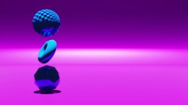 Animation wallpaper - rotating glossy ball, torus and sphere. Futuristic scene with 3d geometric form background. Motion graphics seamless looping video